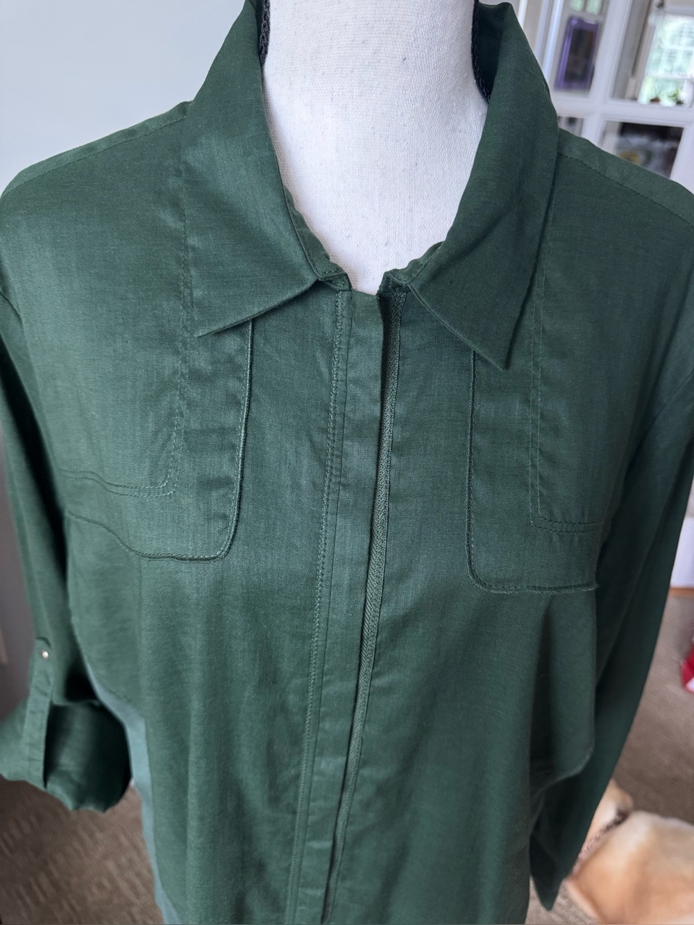 Per Se by Carlisle Zip Front Mixed Media Blouse 16 utility top forest green y2k